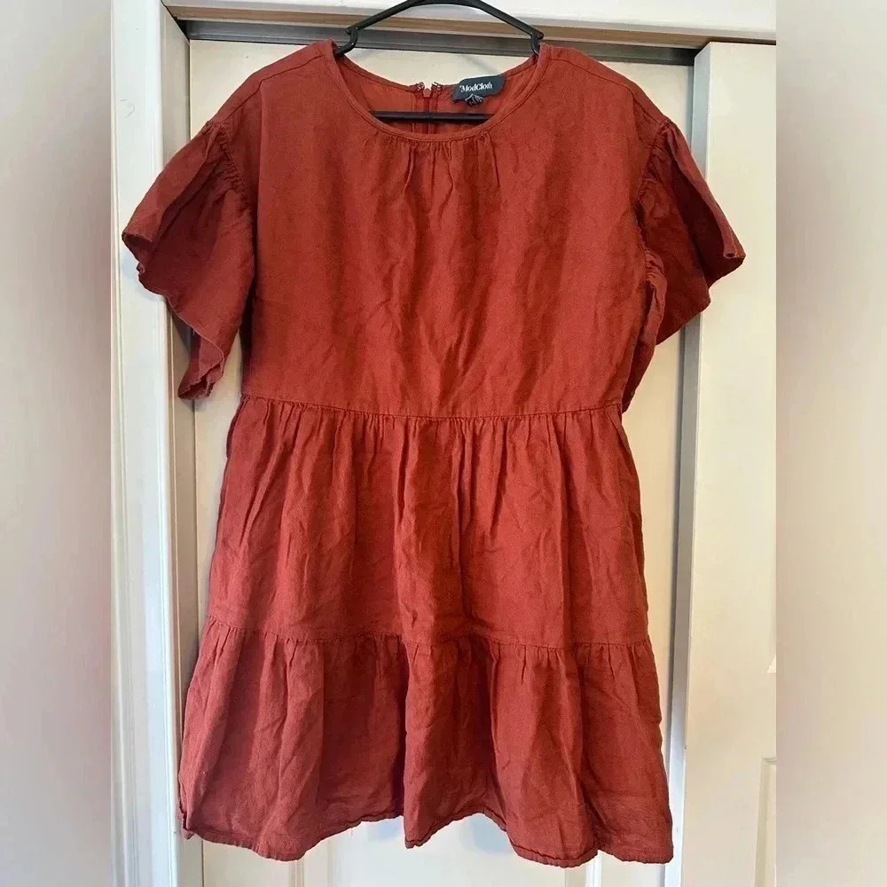 ModCloth Burnt Orange Tapestry Flutter Sleeve Tiered Midi Dress Tunic Size Large